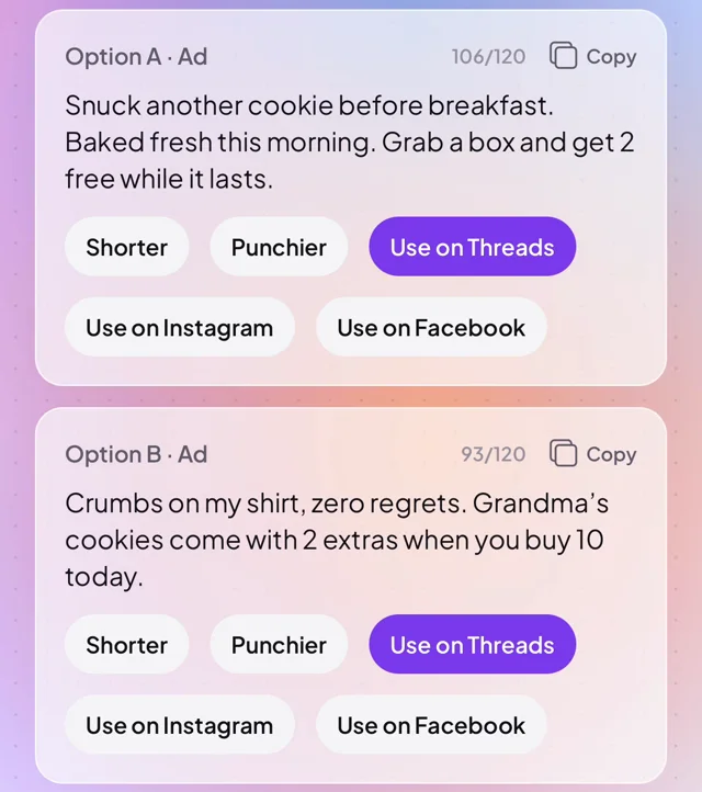 Ad copy options with Shorter and Punchier buttons