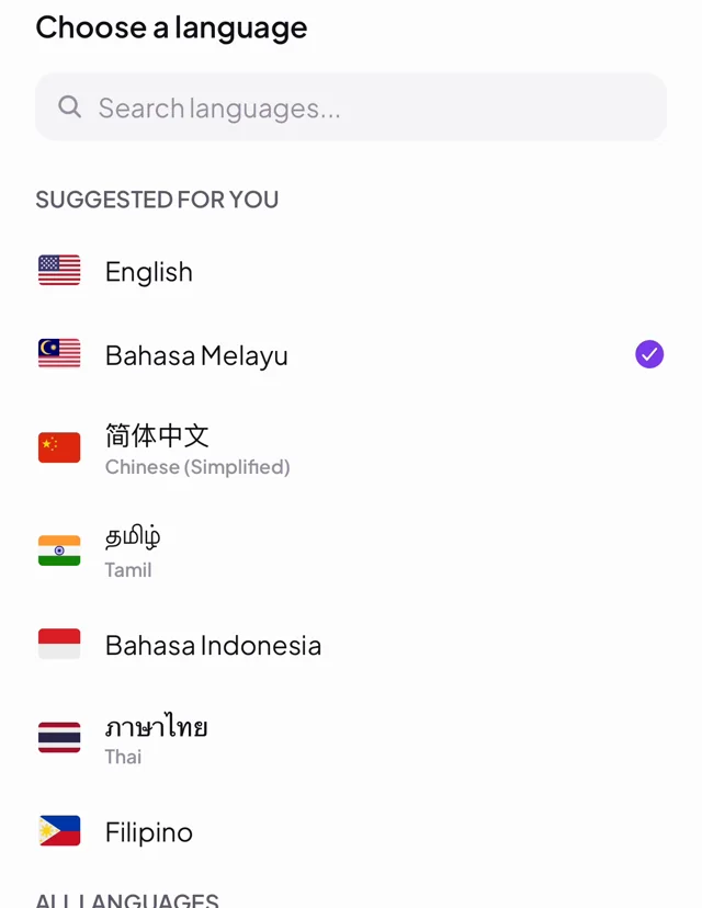 Language picker listing many languages